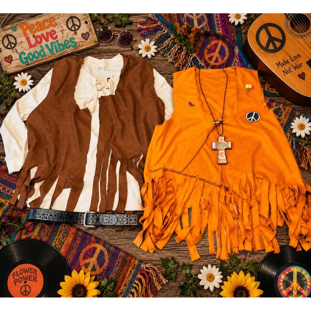 Handmade Hippie Costume Set Faux Suede Fringe Vests Belt Necklace 60s 70s Retro